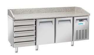 Stół chłodniczy do pizzy 2-drzwiowy z 5 szufladami i blatem granitowym, Arktic, 362L, srebrny, 220-240V/210W, 2025x800x(H)1040mm