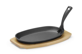 Półmisek żeliwny z drewnianą podstawą i uchwytem, HENDI, czarny, 280x140x(H)30mm