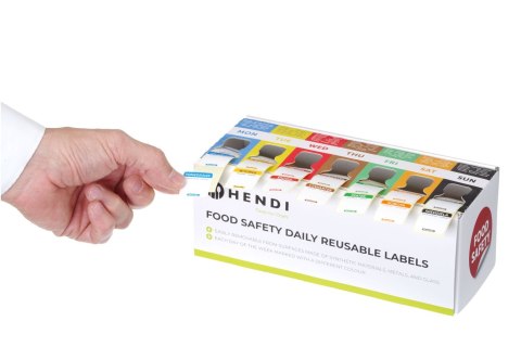 Zestaw etykiet wielorazowych Food Safety na każdy dzień tygodnia z podajnikiem, HENDI, 240x80x(H)100mm