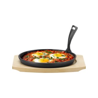 Patelnia żeliwna do serwowania Ø220mm z podstawką drewnianą i uchwytem, 270×230×(h)40 mm Fine Dine