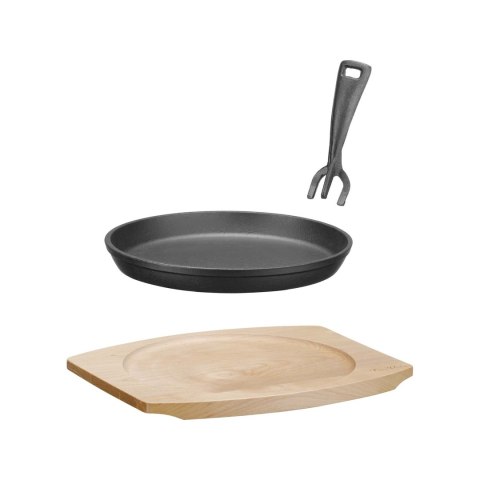 Patelnia żeliwna do serwowania Ø220mm z podstawką drewnianą i uchwytem, 270×230×(h)40 mm Fine Dine