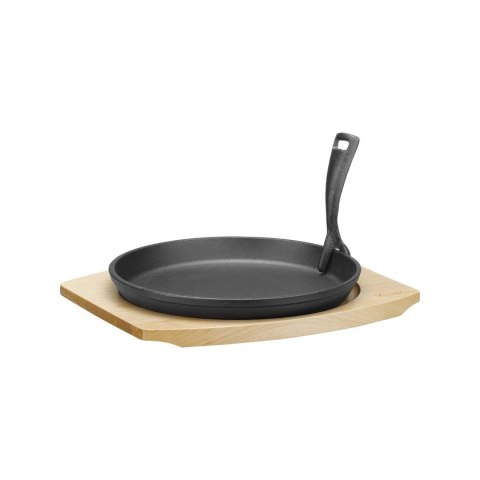 Patelnia żeliwna do serwowania Ø220mm z podstawką drewnianą i uchwytem, 270×230×(h)40 mm Fine Dine